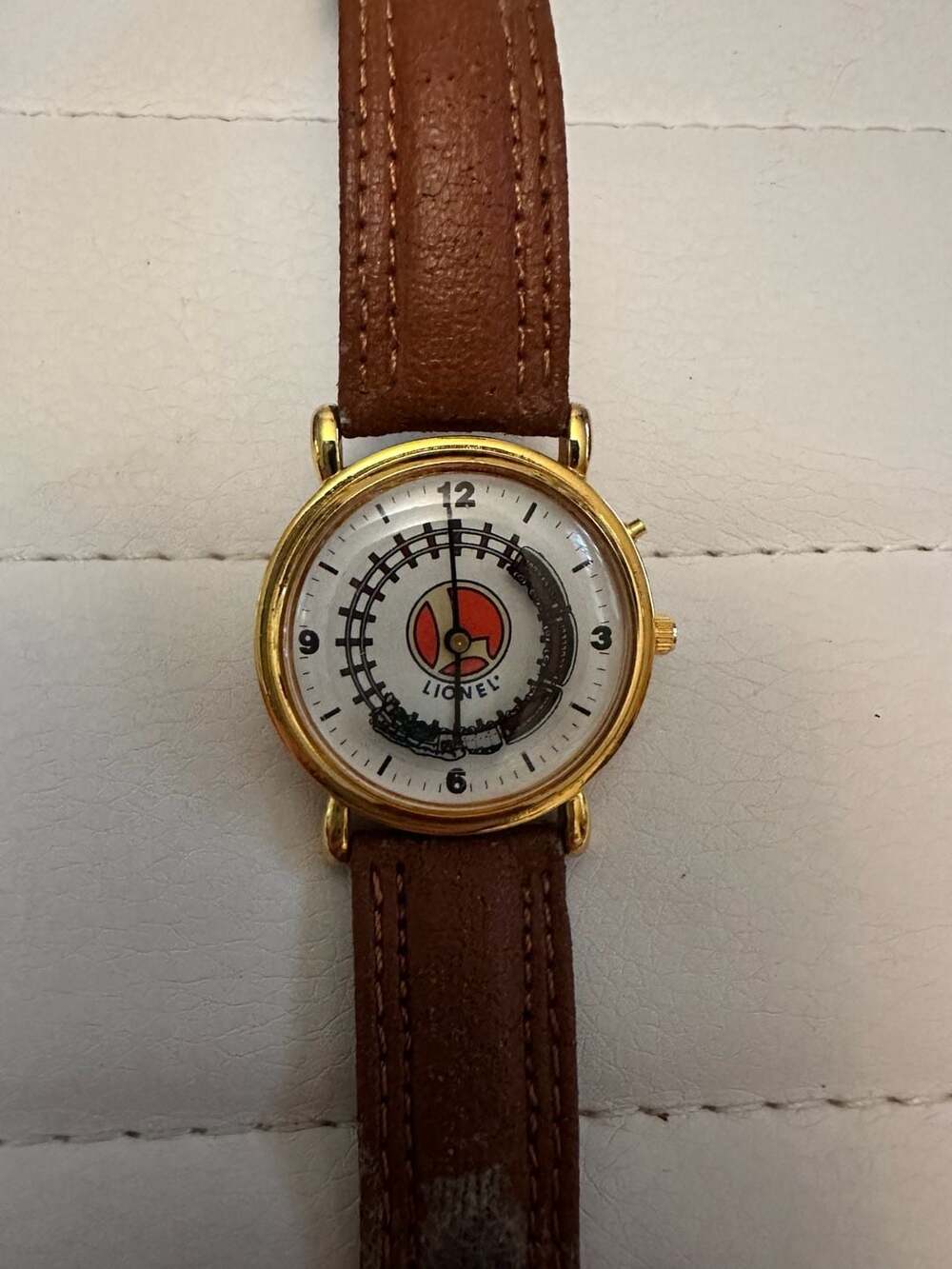 Vintage Lionel Collectible Train Watch with Brown Leather Strap
